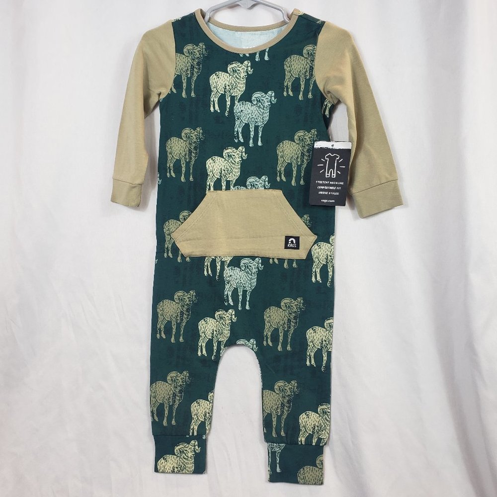 RAGS Long Sleeved Green Romper with Printed Sheep, Tan Sleeves and Kangaroo Pock